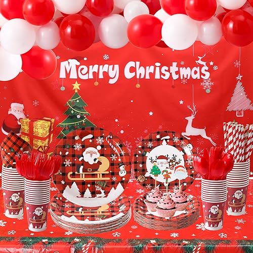 Miniatura 7 de 293 platos de papel y servilletas para fiesta de Navidad, suministros para 24 invitados con fondo de mantel de globos, vajilla de diseño de Papá