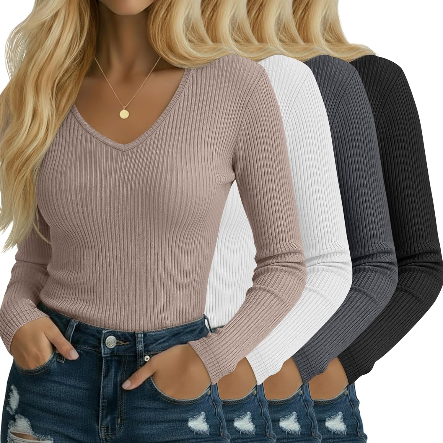 Neer 4 Pack Cotton Ribbed Long Sleeve Shirts for Women V Neck Slim Tops Knit Ladies Base Layer Basic Tees Winter Fashion