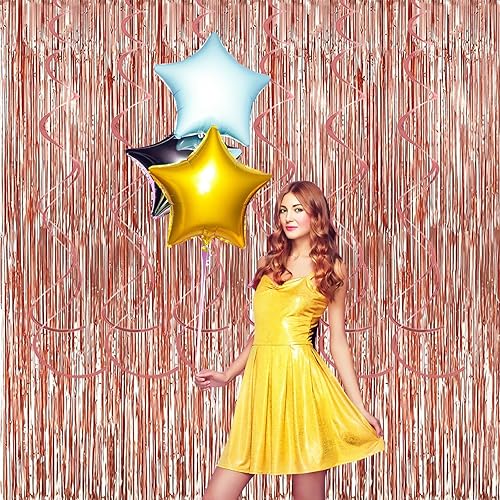 Miniatura 2 de Paquete de 2 cortinas metálicas de aluminio con 6 espirales colgantes de 3.2 x 8.2 pies, cortinas de flecos de aluminio con purpurina para cabina de