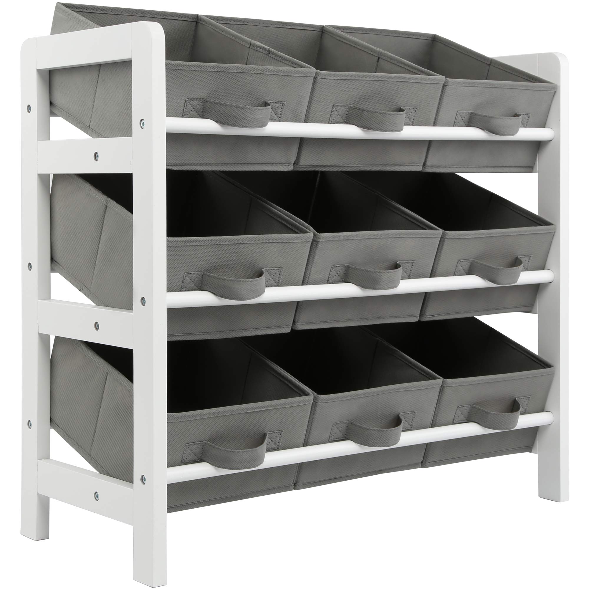 Charles Jacobs 3 Tier Toy Storage Unit with 9 Fabric Boxes for Kids Bedroom (Grey)