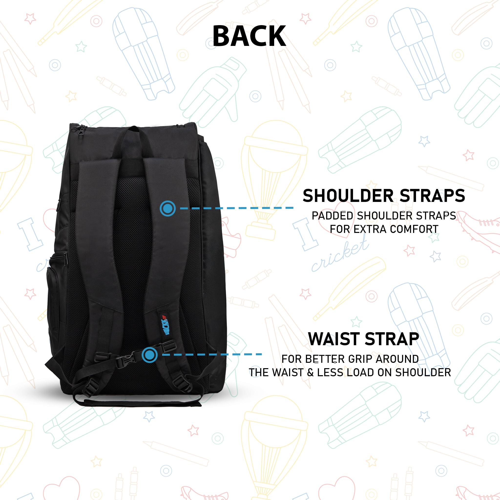 WHACKK Blair 70L Cricket Kit Bag Black | Full Size Bag with Spacious Storage, Bat Pocket, Shoe & Helmet Compartment | Cricket Bag for Men & Club Players