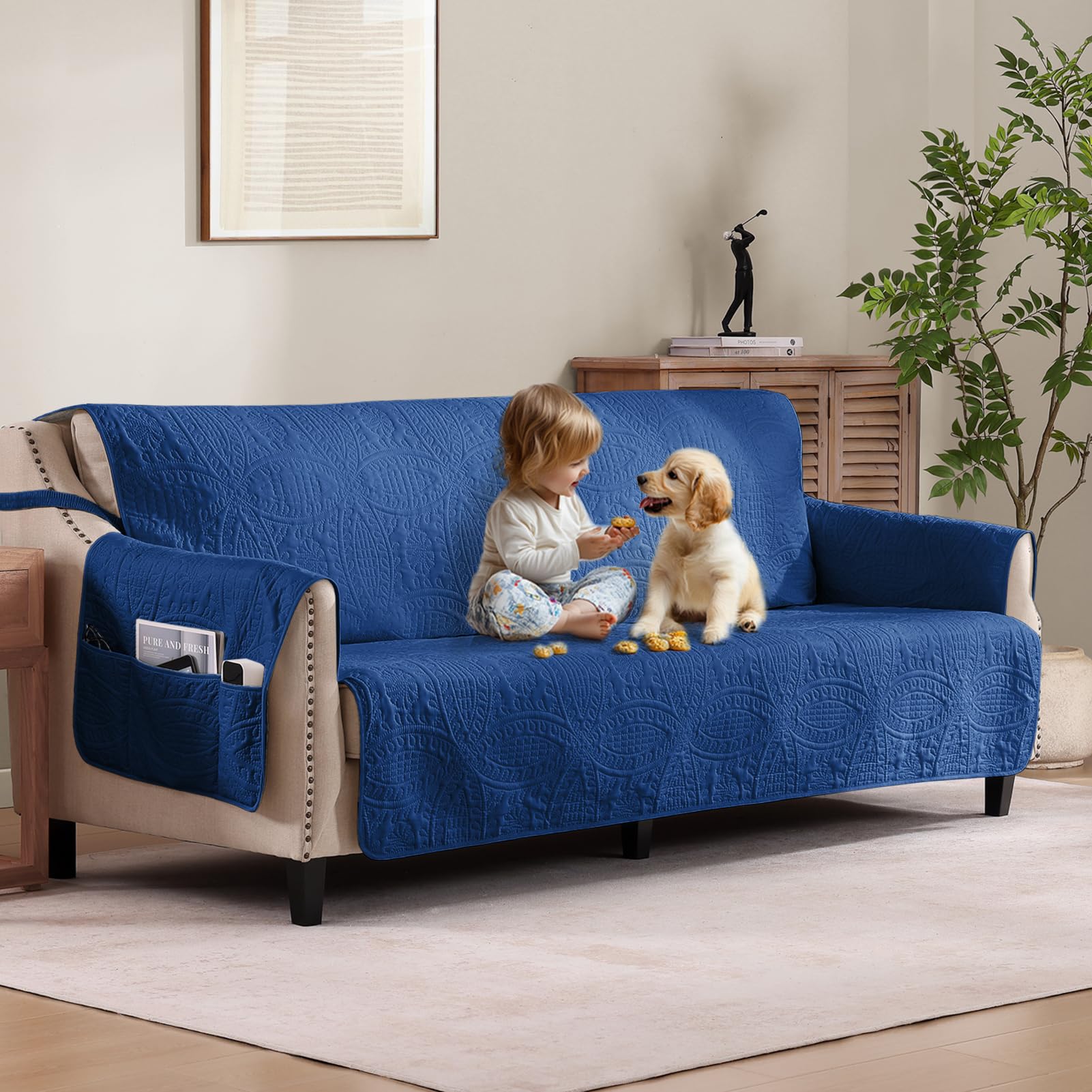 Blue Sofa Covers with Pockets, Anti-Slip Medallion Couch Covers for 3 Cushion Couch Sofa, Couch Cover for Dogs Water-Repellent Machine Washable (Large Sofa 68", Blue)