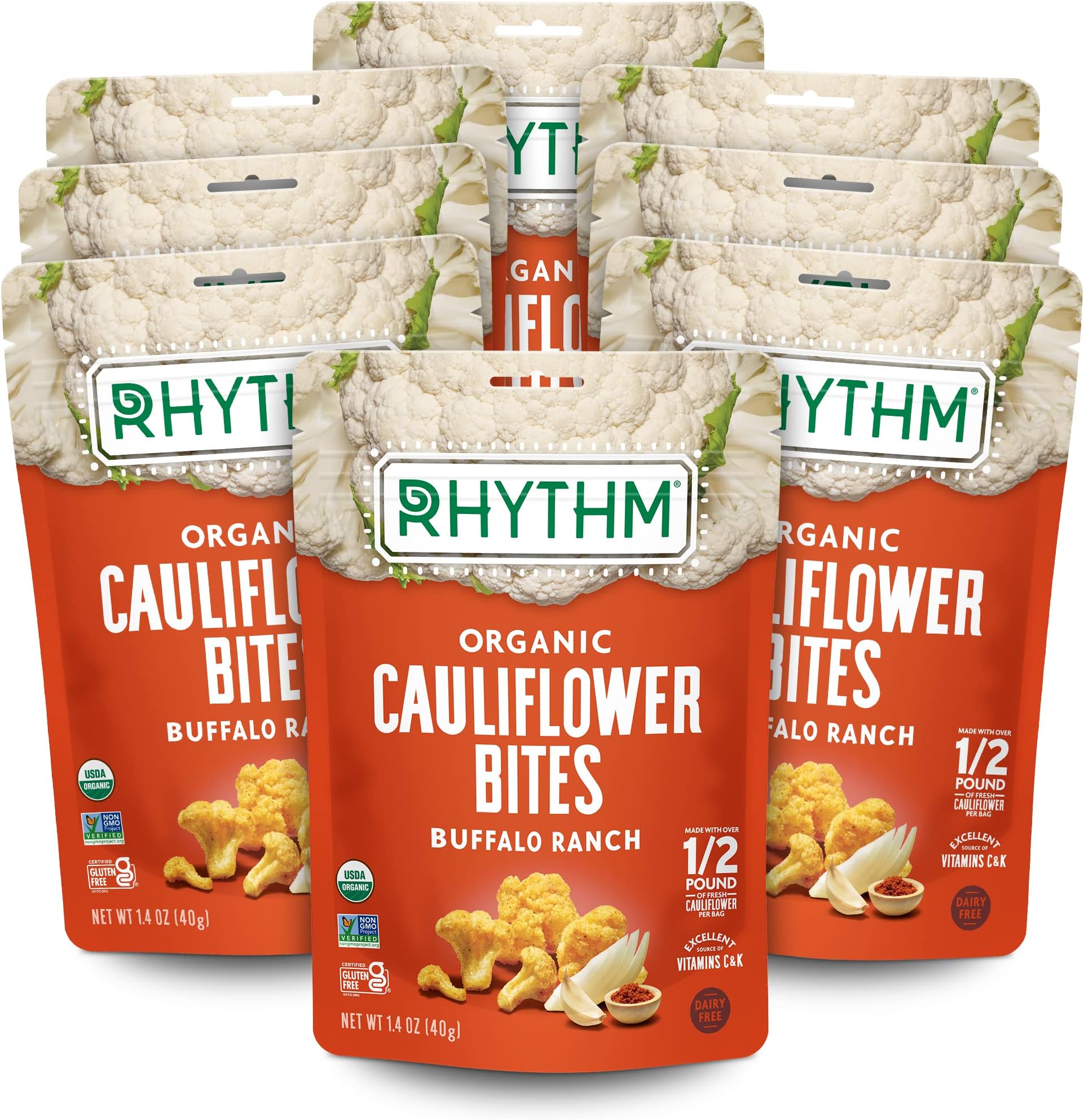 Rhythm Superfoods Organic Crunchy Cauliflower Bites Buffalo Ranch Flavor, Gluten Free, 1.4 Ounces (Pack Of 8)