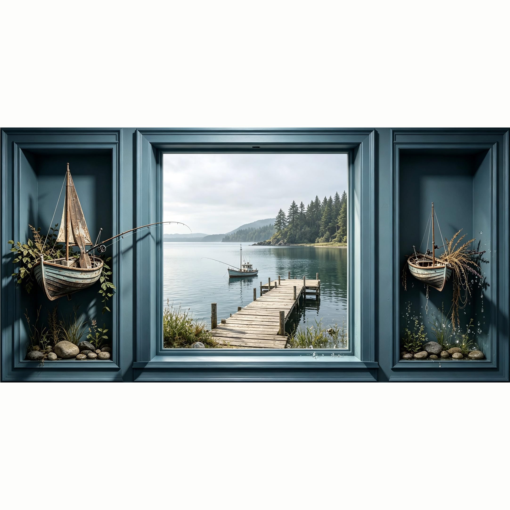 QZLITHOTIC 50x100cm 3D Framed Wall Art， Scenic Mountain Lake Fishing Pier Boat SelfAdhesive Mural， Water‑Activated Peel & Stick Fabric Decor Wall Decal for Bedroom Living Room