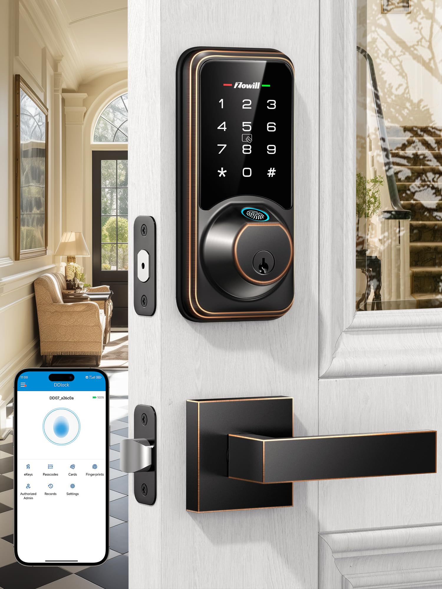 Smart Door Lock Set for Front Door, Zowill 7-in-1 Fingerprint Deadbolt with App Control, Keyless Entry Door Lock with 2 Lever Handles, Biometric,Touchscreen Keypad, Auto Lock, Bronze