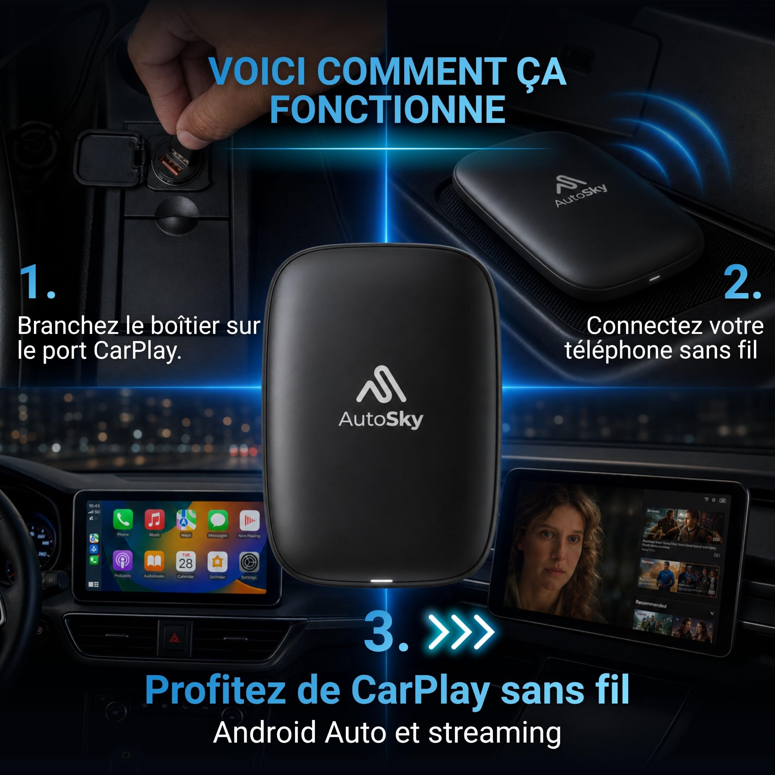 AutoSky AI Box Lite – Adaptateur sans Fil Apple CarPlay & Android Auto pour véhicules compatibles – Streaming Netflix & Youtube – Hotspot requis – Plug & Play