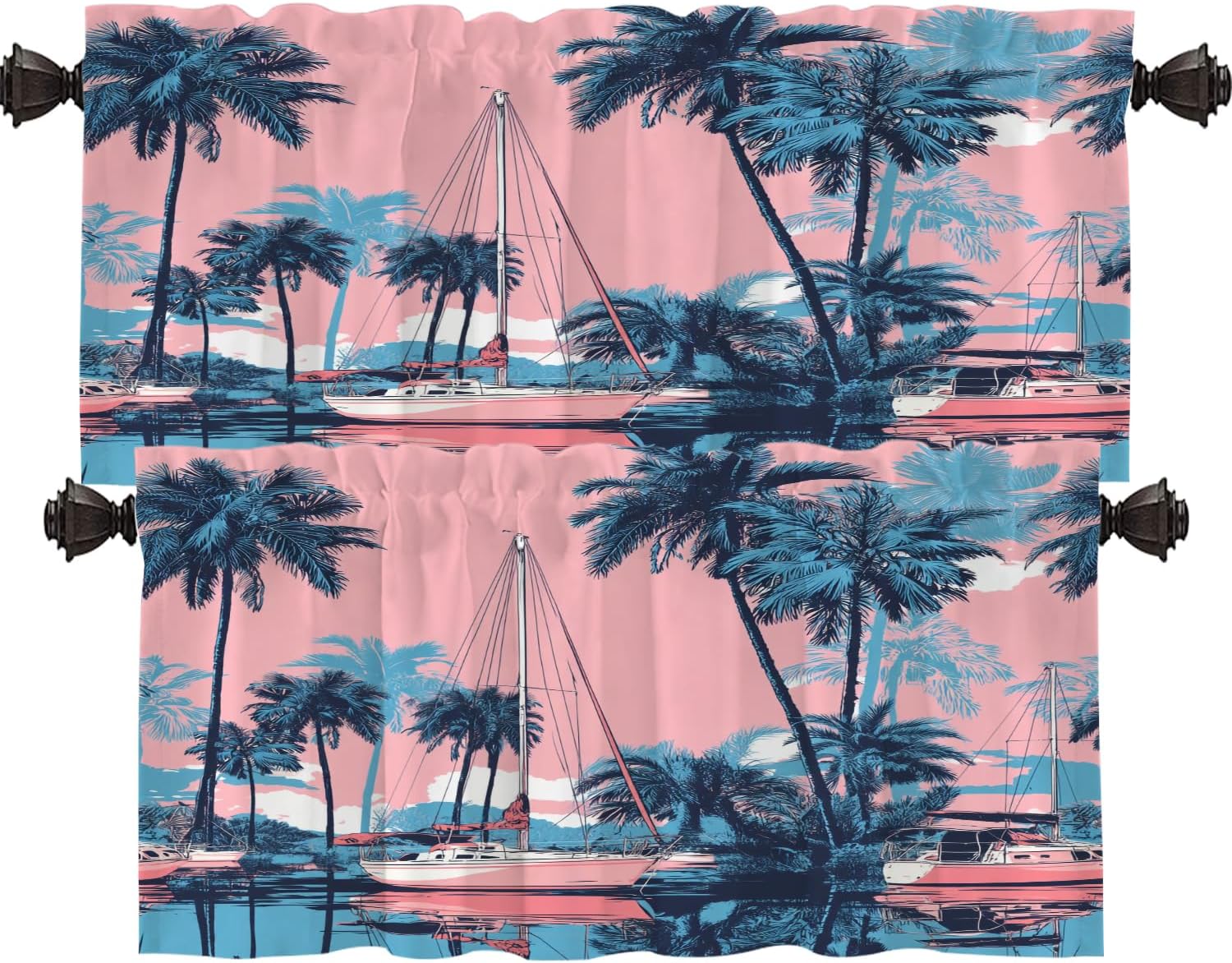 Shrahala Beach Getaway Seaside Ity Blackout Short Curtains for Windows,Nautical Charm Palm Lined Shore Kitchen Curtains Sets for Windows Thermal Insulated Bathroom Window Curtain 2 Pack 52 X 18 in