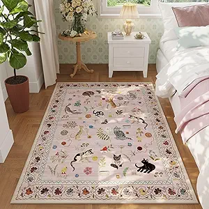 Bedroom Rug 3x5 Rug Washable Area Rug Non Slip Low Pile Boho Floral Animal Cat Small Carpet for Bedroom Bedside Kitchen Entryway Kids Room Office College Dorm Essentials for Girls, Pink