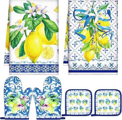 Miniatura 7 de Bencailor Juego de toallas de cocina con temática navideña, 6 piezas, toallas de mano, soportes para ollas y guantes de horno para Navidad, cocina,