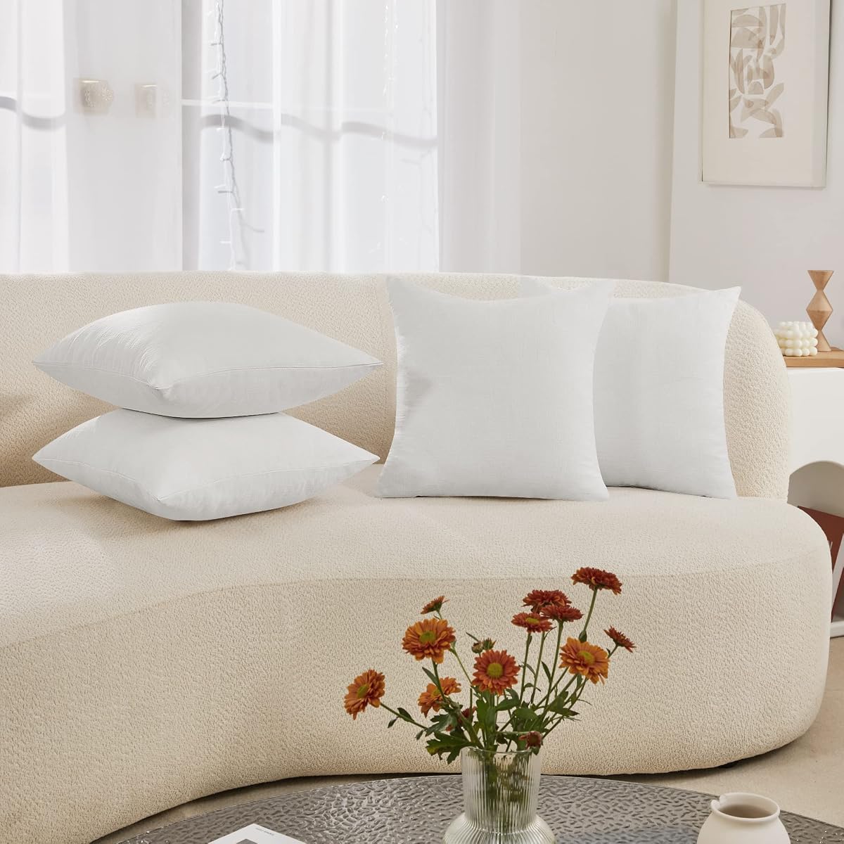 Deconovo Throw Pillow Covers 18 x 18 Inch Set of 4, Covers Only No Insert, Faux Linen Decorative Square Pillowcases with Hidden Zipper for Couch Sofa Bed Living Room, Natural White (Warm Off-White)