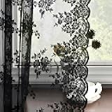 Kotile Black Lace Curtains 54 Inch Length 2 Panels, Country Rustic Floral Pattern Gothic Sheer Curtains for Bedroom, Rod Pocket Vintage Privacy Sheer Lace Curtain, 42 x 54 Inch, 1 Pair, Black