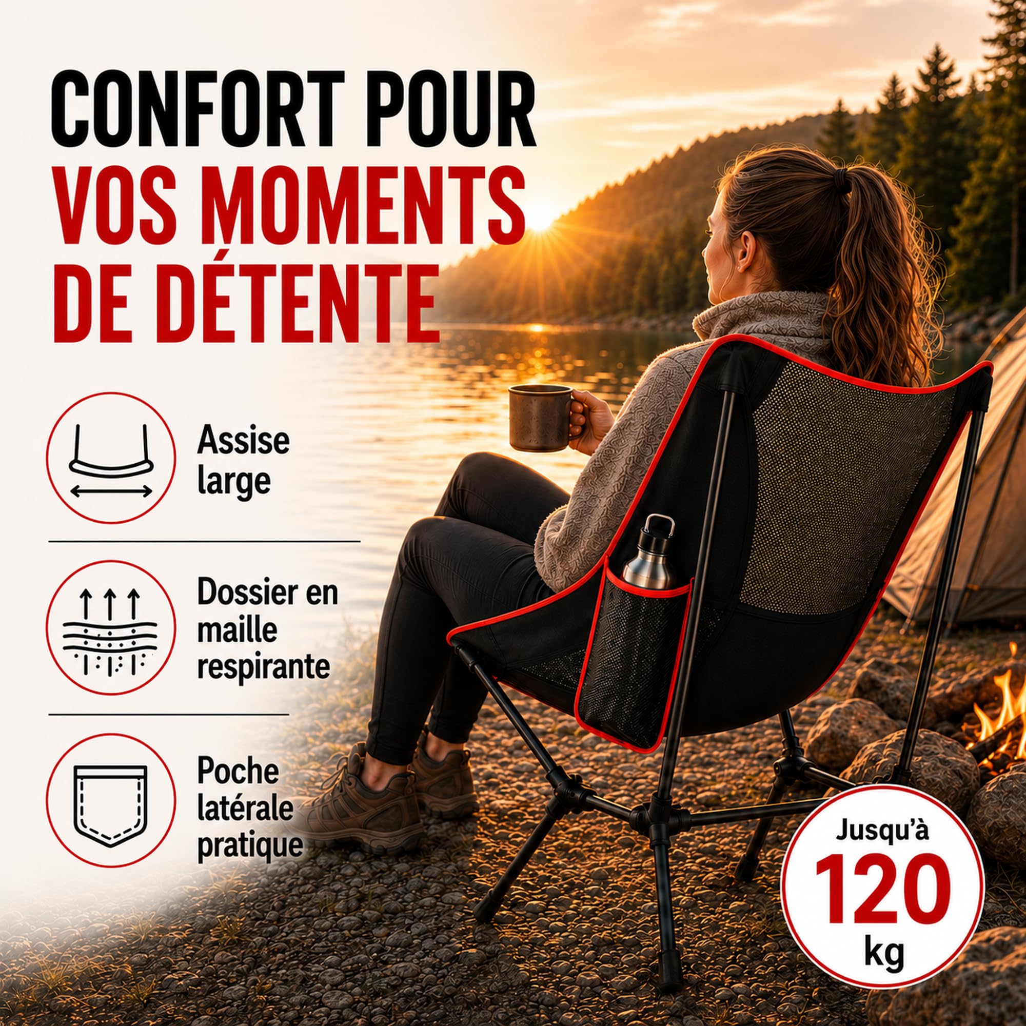 Fauteuil de Camping Léger et Pliable avec Poche Latérale et Sac de Transport – Chaise Pliante Extérieure Confortable en Tissu Oxford, Jusqu’à 120 kg, pour Randonnée, Pêche, Plage, Festival