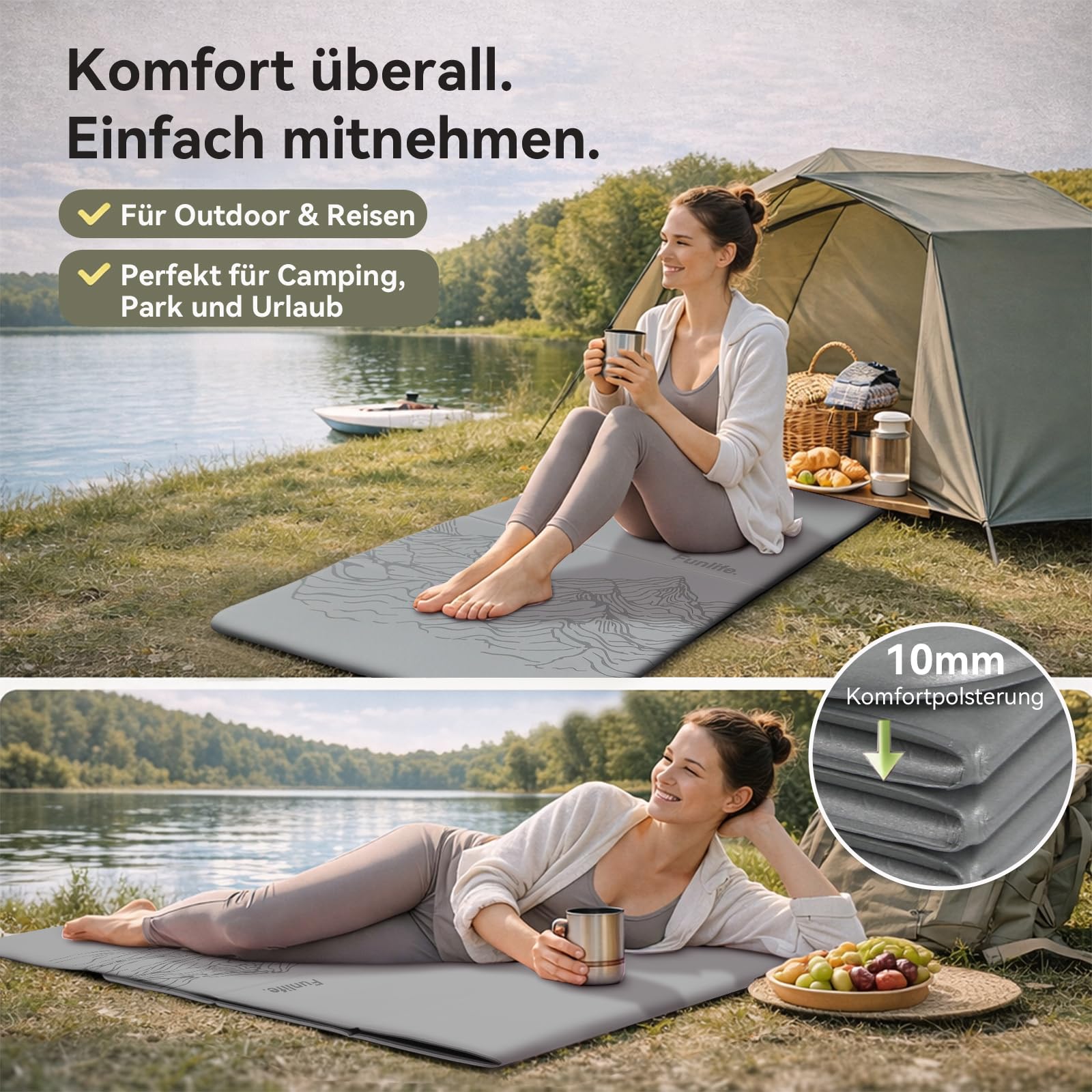 FunLife Yogamatte XXL 190x66cm – 10mm Extra Dick & Faltbar, Rutschfeste Fitnessmatte für Yoga, Pilates & Gymnastik, Ideal für Indoor & Outdoor