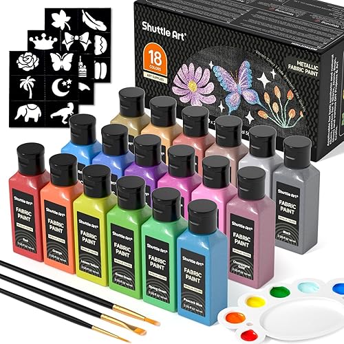 Shuttle Art - Pintura para tela metálica, 18 colores metálicos, pintura suave permanente en botellas (2.3 fl oz/2 onzas) con pincel y plantillas,