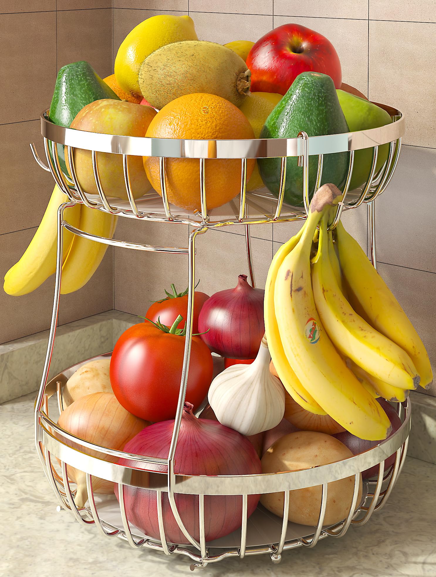 Sevenblue 2 Tier Fruit Basket for Kitchen Counter with 2 Banana Hangers, Metal Stackable Fruit Bowl for Kitchen Counter for Bread Vegetable Fruits,