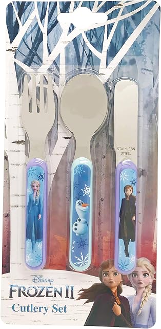 Disney II Frozen 3 Piece Cutlery Set  Metal, Reusable Children's Knife, Fork & Spoon, Kids-Size, Made from Food-Safe Stainless Steel & ABS Plastic  with Elsa, Anna & Olaf  for 12 Months & Up, 18/8