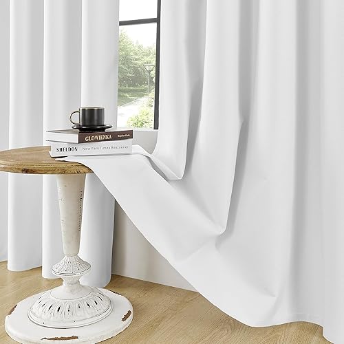 Miniatura 5 de ChrisDowa Cortinas 100% opacas con textura de lino blanco de 63 pulgadas de largo, juego de 2 paneles de cortinas de lino con aislamiento térmico