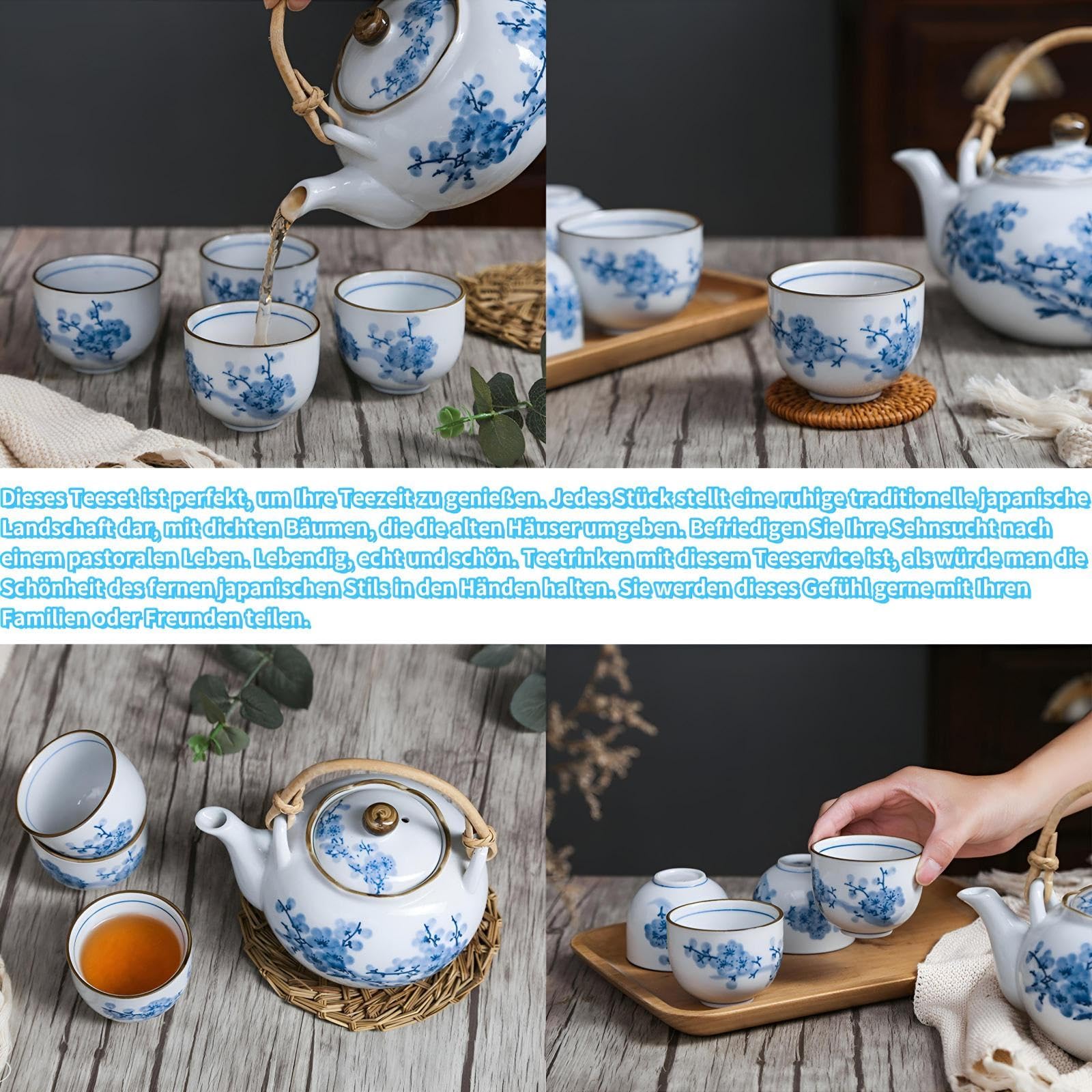 Japanisches Weißem Porzellan-Teeservice Mit Blauem Blumen-Design Teekanne Mit Rattan-Griff Teekannen Set Mit Tasse Teekanne Und 4 Teetassen Japanisches Blau und Weiß Porzellan Tee Set