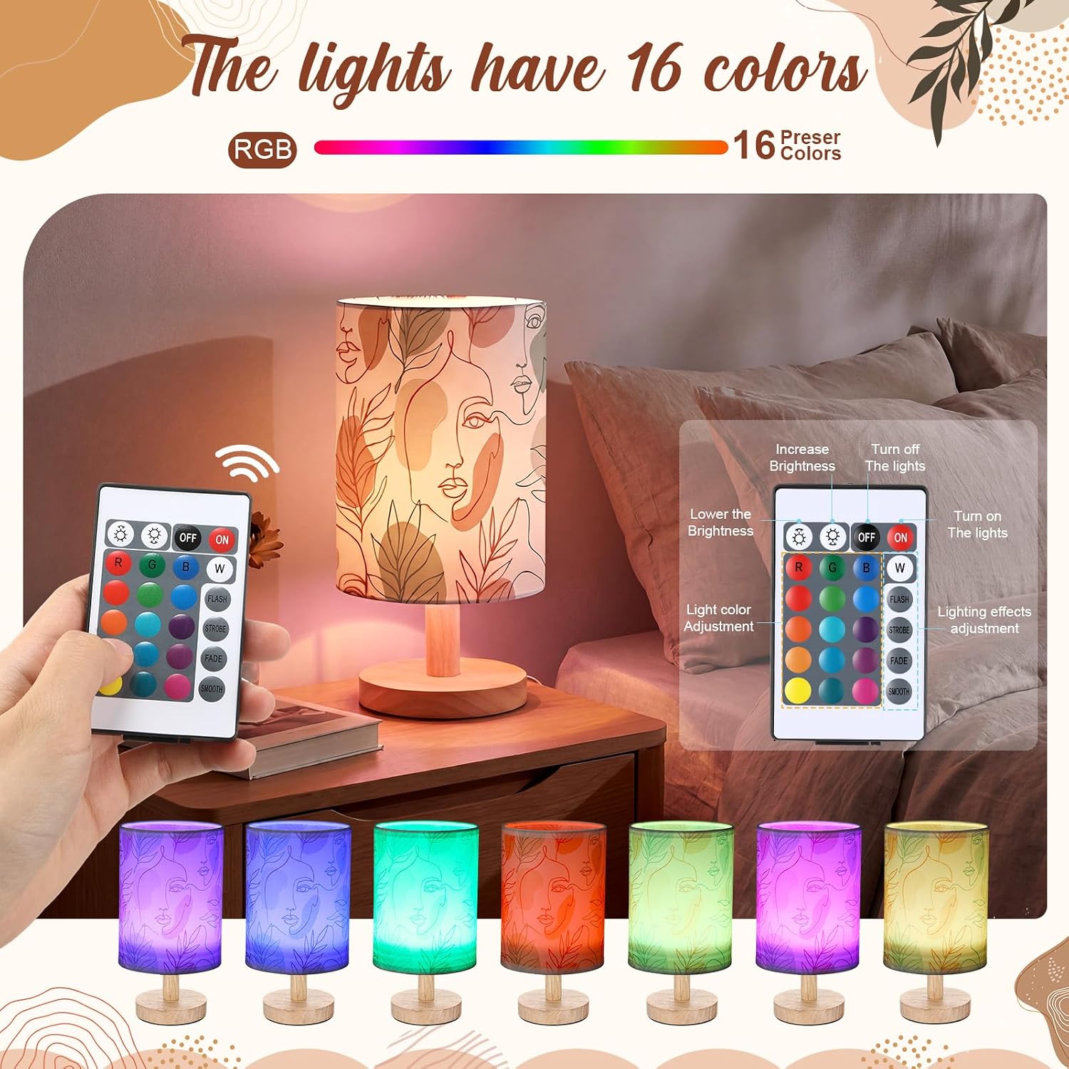 VIHOSE Boho Table Lamp with Linen Shade & Wood Base, 16 Color Dimmable LED Bedside Desk Lamp, Bohemian Bedroom Nightlight for Living Room Home Decor, Vintage Rustic Accent Birthday Gift