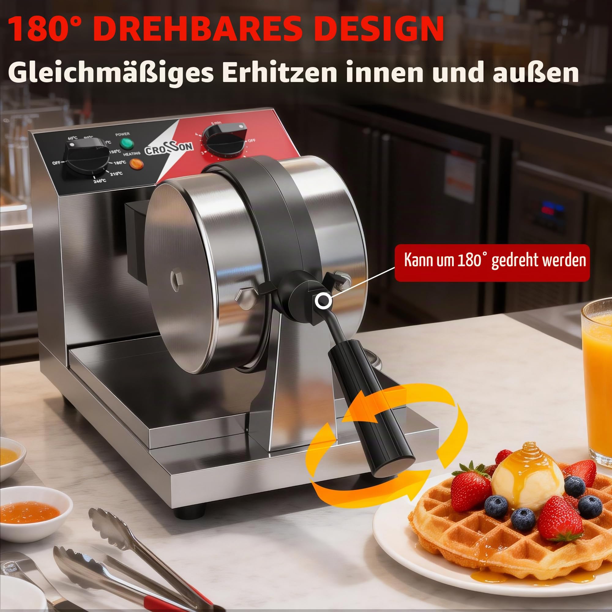 CROSSON Kommerzielles Waffeleisen,Rundes Waffeleisen Belgische Waffel Um 180° Drehen,Nicht Haftende Dreifachschicht mit Temperatur- und Zeiteinstellung für Restaurant Bäckerei Snackbar,230V/1300W