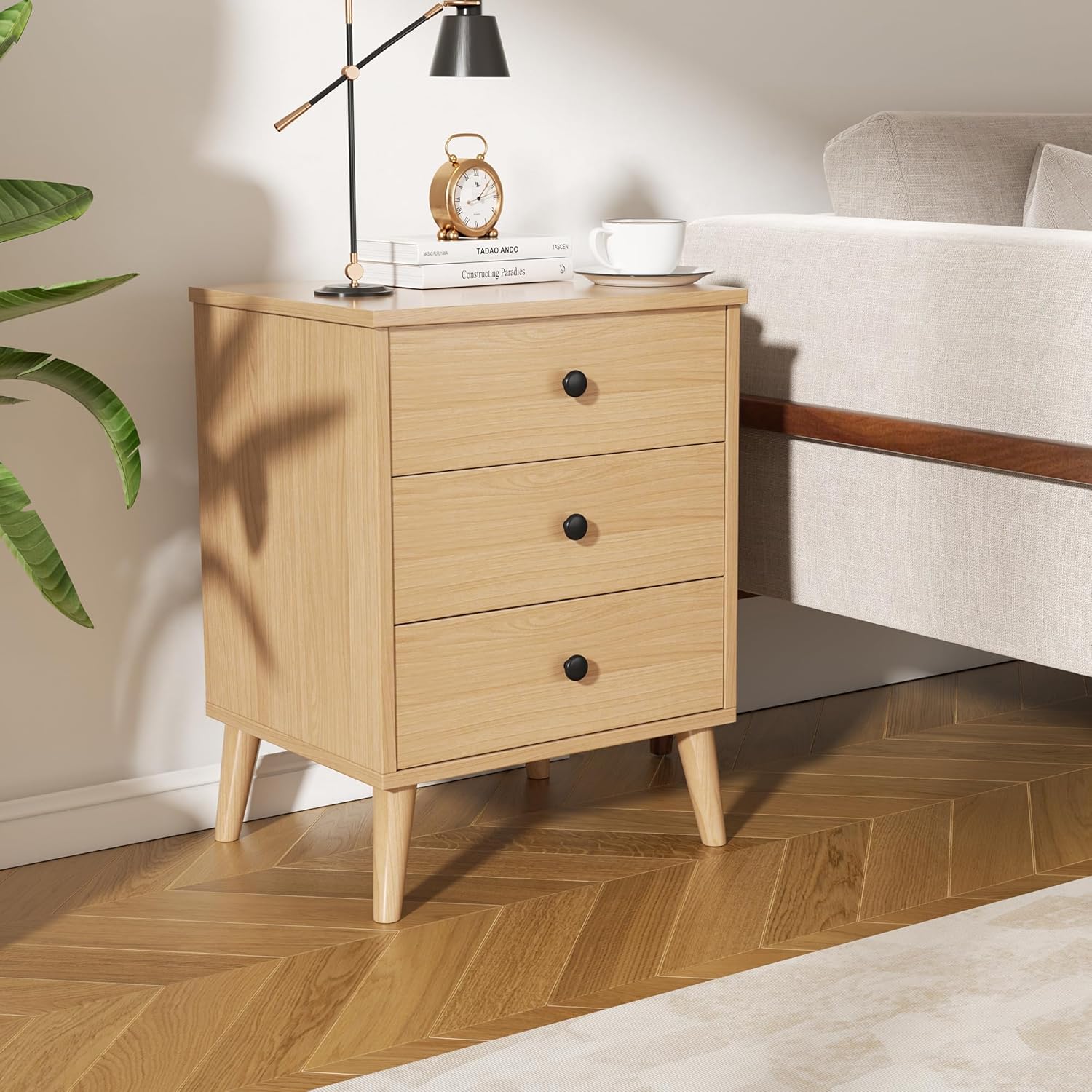 Modern Nightstands,Bedside Table with 3 Drawers,Engineered Wood End Table with Metal Handle,Mid Century NightStandS for Bedroom,Small Spaces,Apartment