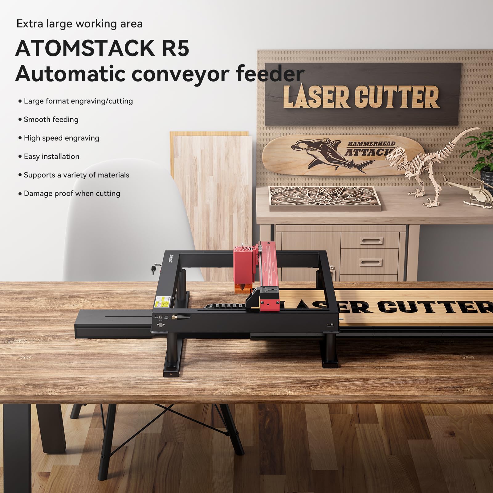 ATOMSTACK R5 Convoyeur automatique de bande transporteuse, bande transporteuse avec précision mécanique de 0,01 mm, plateau mobile, grande zone de travail 800 x 400 x 40 mm, compatible avec machine de