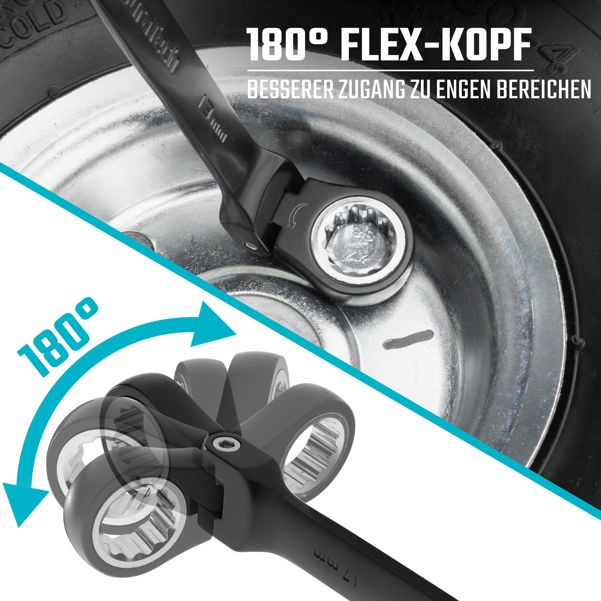 DURATECH 9-tlg. Flex-Kopf Ratschenringschlüssel Set, Cr-V Stahl, Schwarz