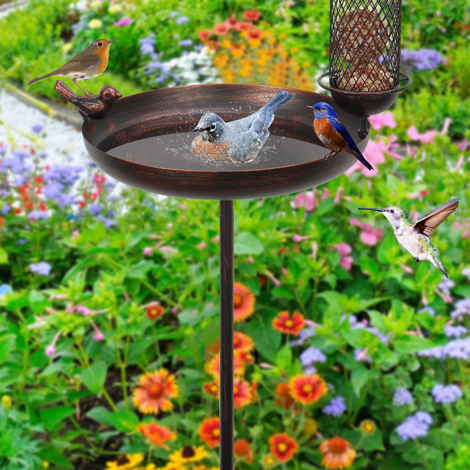 Vogeltränke mit vogelfutterspender, Vogelbad Vogelbecken∅25x122cm und Futterspender Futterschale Stehend,Groß Frostsicher Winterfest Wassertränke Futterstationen für Wildvögel