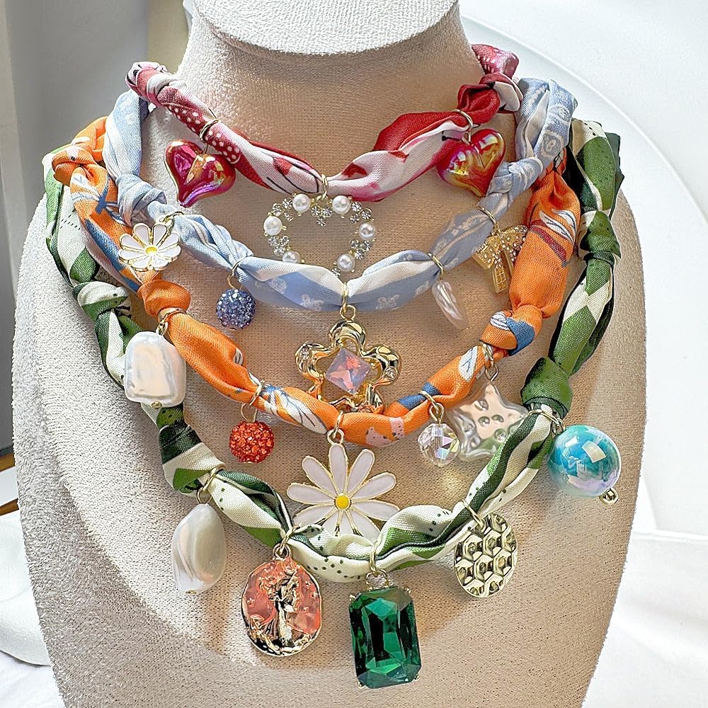 Silk Scarf Necklace For Women Boho Flowers Crystal Pearl Pendants Charm Necklaces Summer Colorful Silk Scarf Jewelry For Women - Image 6