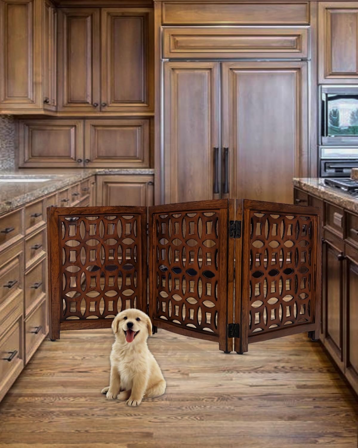 Wooden Pet Gate – Puppy Gate Foldable Freestanding Dog Gate (18” x 23”) | Decorative Cat Gate Safety Barrier for Pets & Toddlers | Indoor Use for Doorways, Hallways, Stairs (Ringus, 3 Panel)