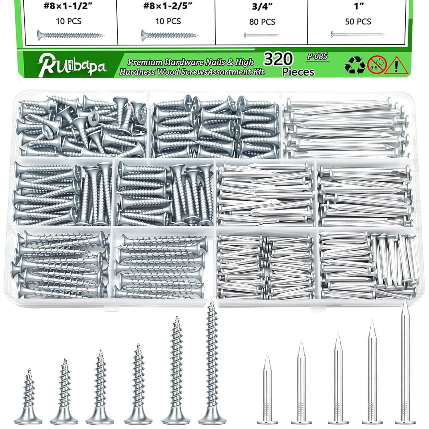 320Pcs Premium Hardware Nails & High Hardness Wood Screws Assortment Kit, 11 Sizes (1/2"-2"),Phillips Drive Flat Head, Wood Screws, Galvanized, Picture Hanging, Wood, Common Nails with Storage Box