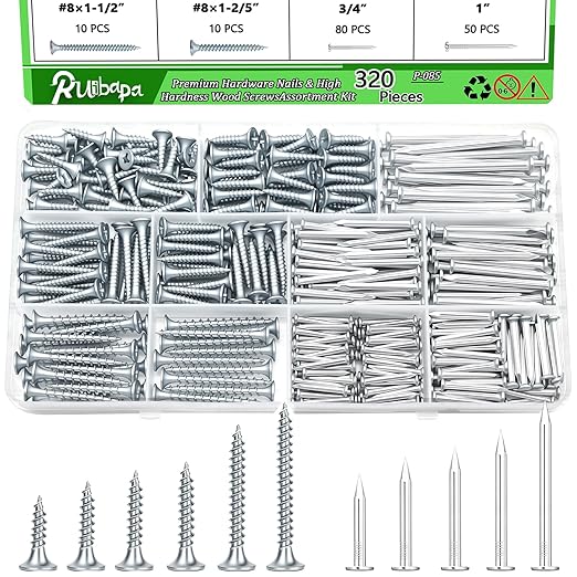 320Pcs Premium Hardware Nails & High Hardness Wood Screws Assortment Kit, 11 Sizes (1/2"-2"),Phillips Drive Flat Head, Wood Screws, Galvanized, Picture Hanging, Wood, Common Nails with Storage Box