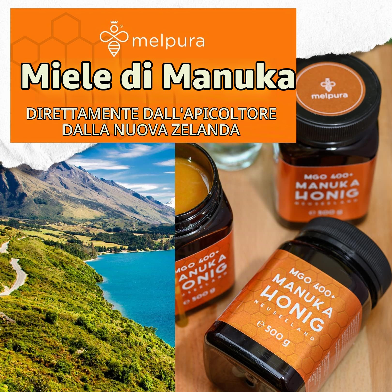 Miele di Manuka MELPURA MGO 400+ 500 g dalla Nuova Zelanda con contenuto di metilgliossale naturale certificato – Testato in laboratorio, origine verificata, commercio equo e solidale direttamente dal