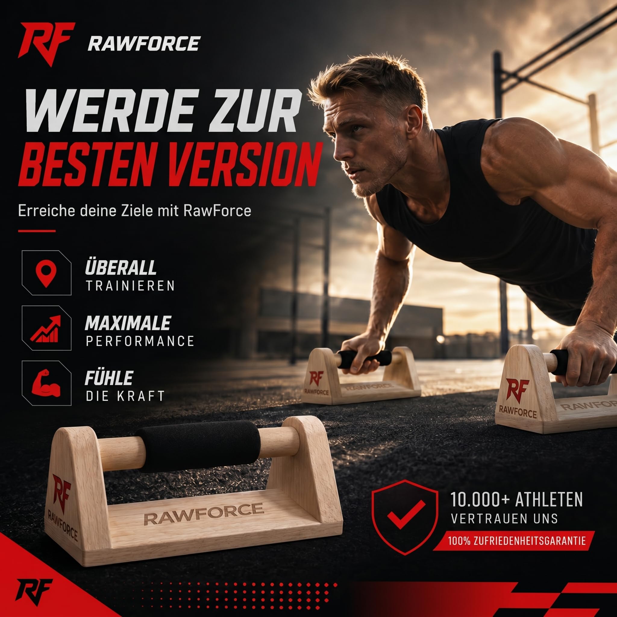 RawForce 2x Liegestützgriffe aus Holz - Joint-Friendly & Rutschfest - Parallettes Push Up Bar - Handstand Griffe - Liegestützbrett - Liegestütze & Calisthenics Equipment - Von Profi Entwickelt