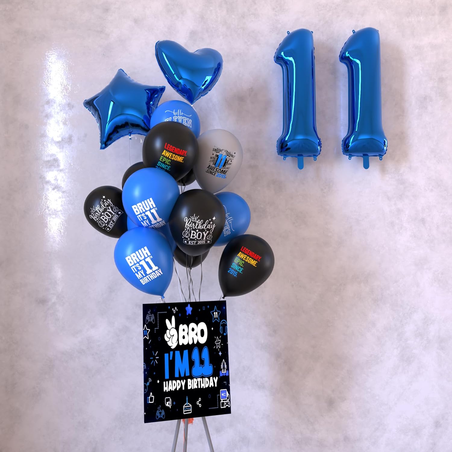 Black Blue 11th Birthday Decorations For Boys Includes Banner, Backdrop, Tablecloth, Latex Balloons, Foil Balloons, Cake Topper, Honeycomb Centerpieces & Hanging Swirls