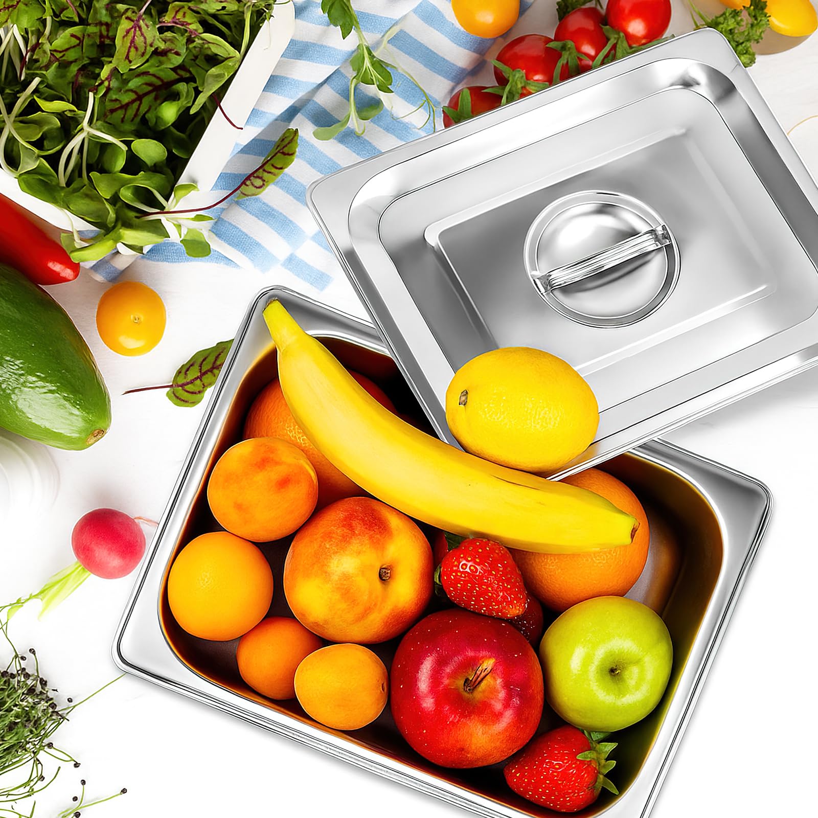 Confezione da 4 padelle Gastronorm, in acciaio inox, con coperchio, contenitore per alimenti, anti-inceppamento, vassoio per servizio di catering, per ristoranti, hotel, buffet, feste, spessore