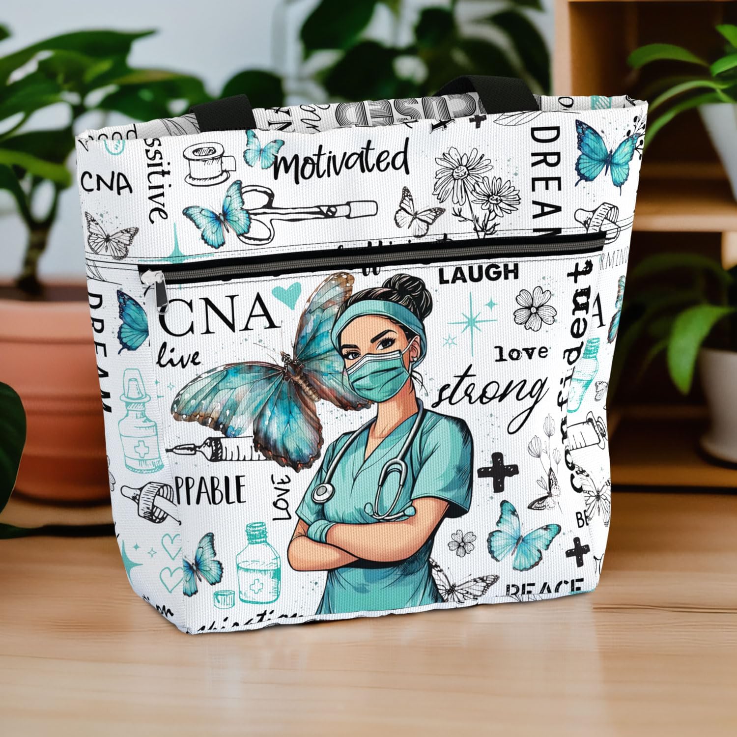 84hoods Large Tote Bag for Work for Women. Waterproof Shoulder Bag with Pockets and Zipper. Gift for CNA Nurse.