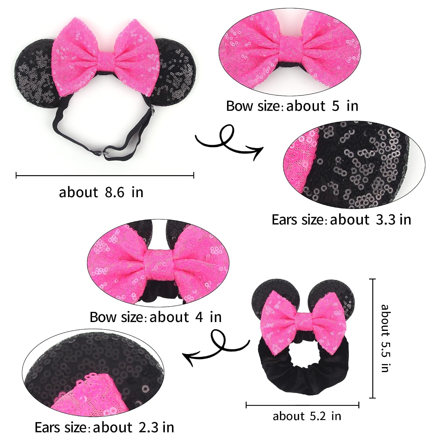bianbaistar Mouse Ears Headband for Teens & Adults, Rose Red Sequins Bow Velvet Elastic Hairband, Essential Amusement Park & Trip Headwear (Angelbow) image 3