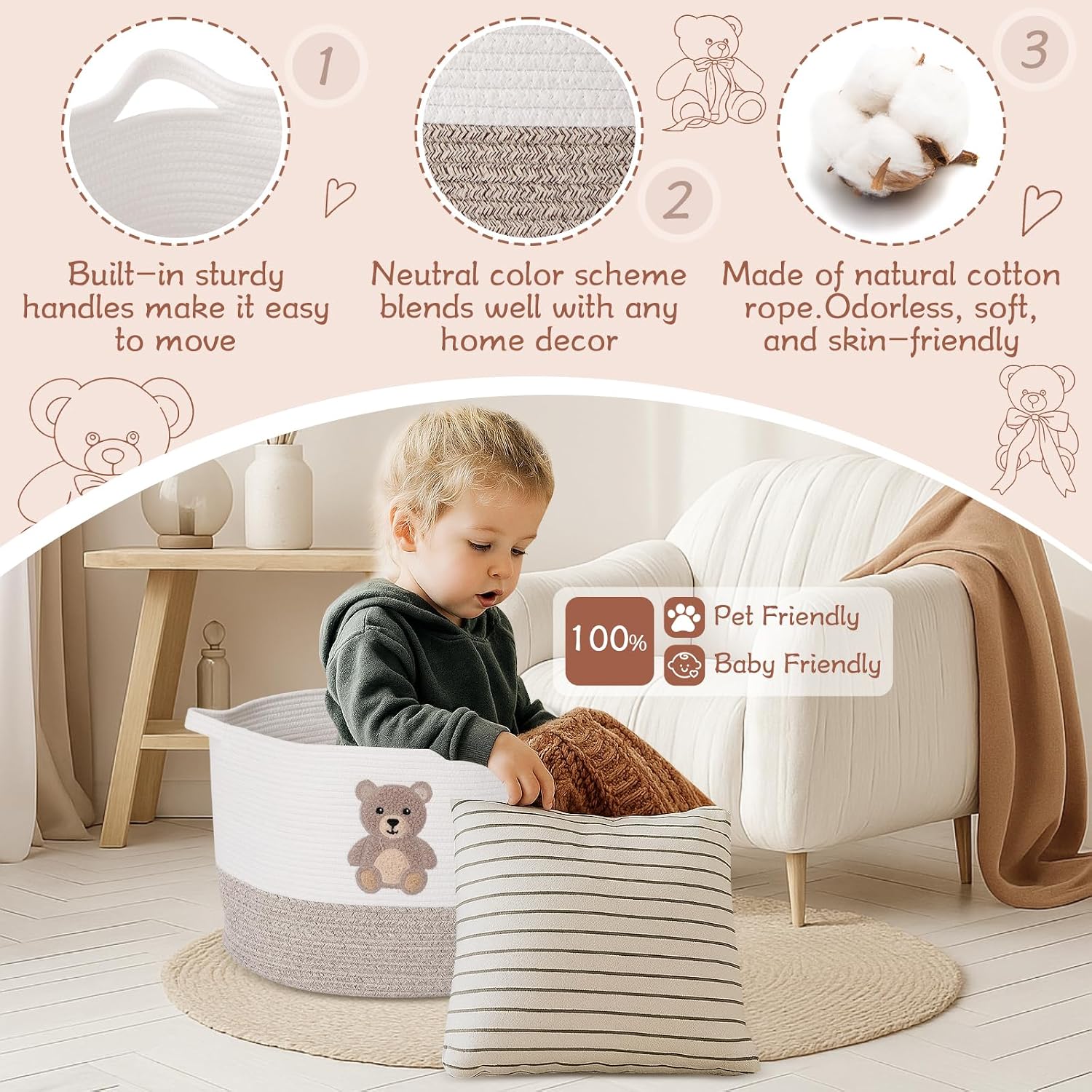 LemonRoad Extra Large Basket 20"x14", Woven Baby Laundry Blanket Basket Toy Box with Handle Storage, Blanket Storage for Living Room Nursery Pillows Chest(Cotton Rope,Funny Bear,Brown)