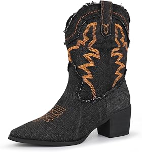 Hawkwell Women's Embroidered Stitched Rodeo Boots Pointed Toe Chunky Block Heel Pull On Classic Cowgirl Ankle Western Booties