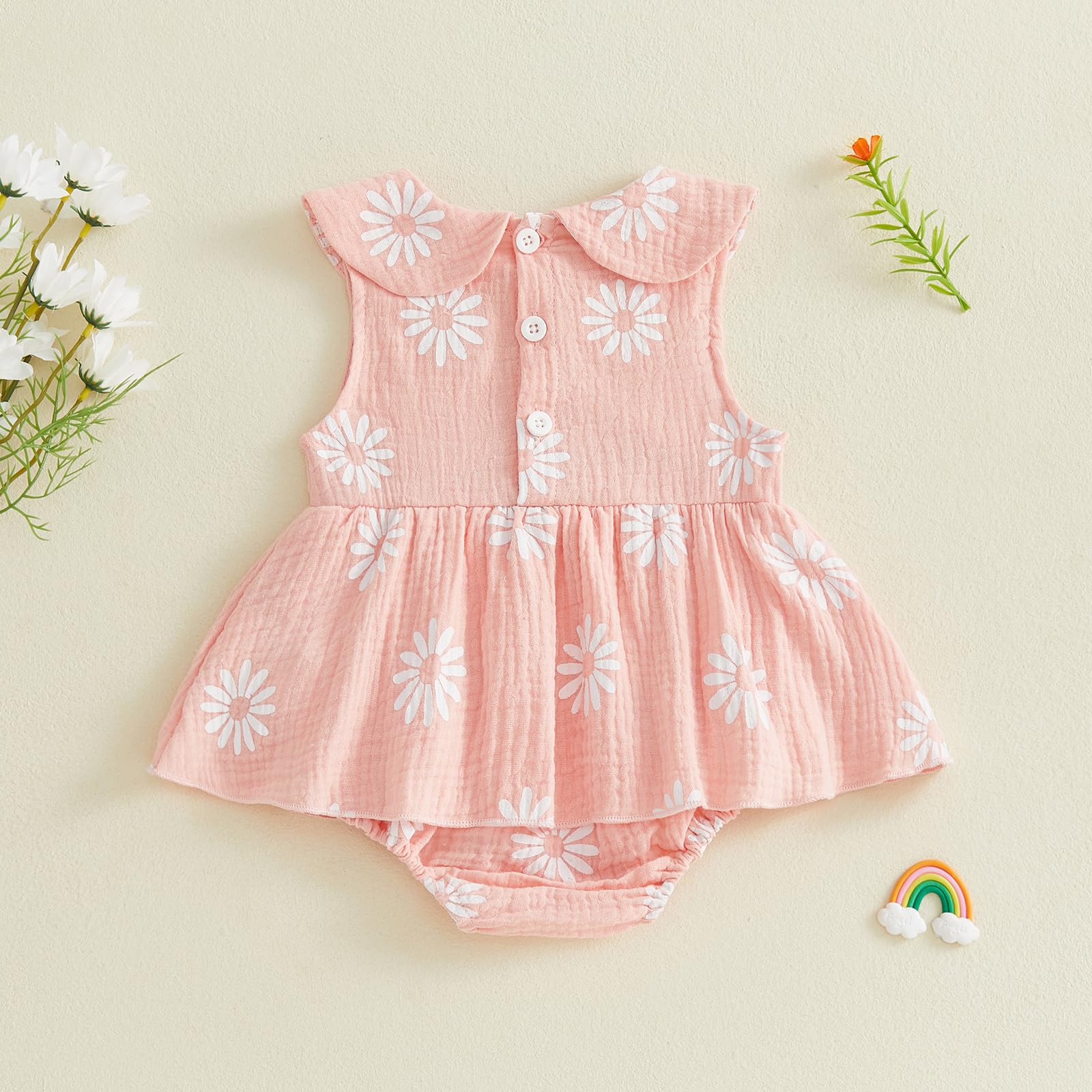 Barboteuse pour bébé fille - Col Peter Pan - Sans manches - Imprimé marguerites - Combinaison une pièce