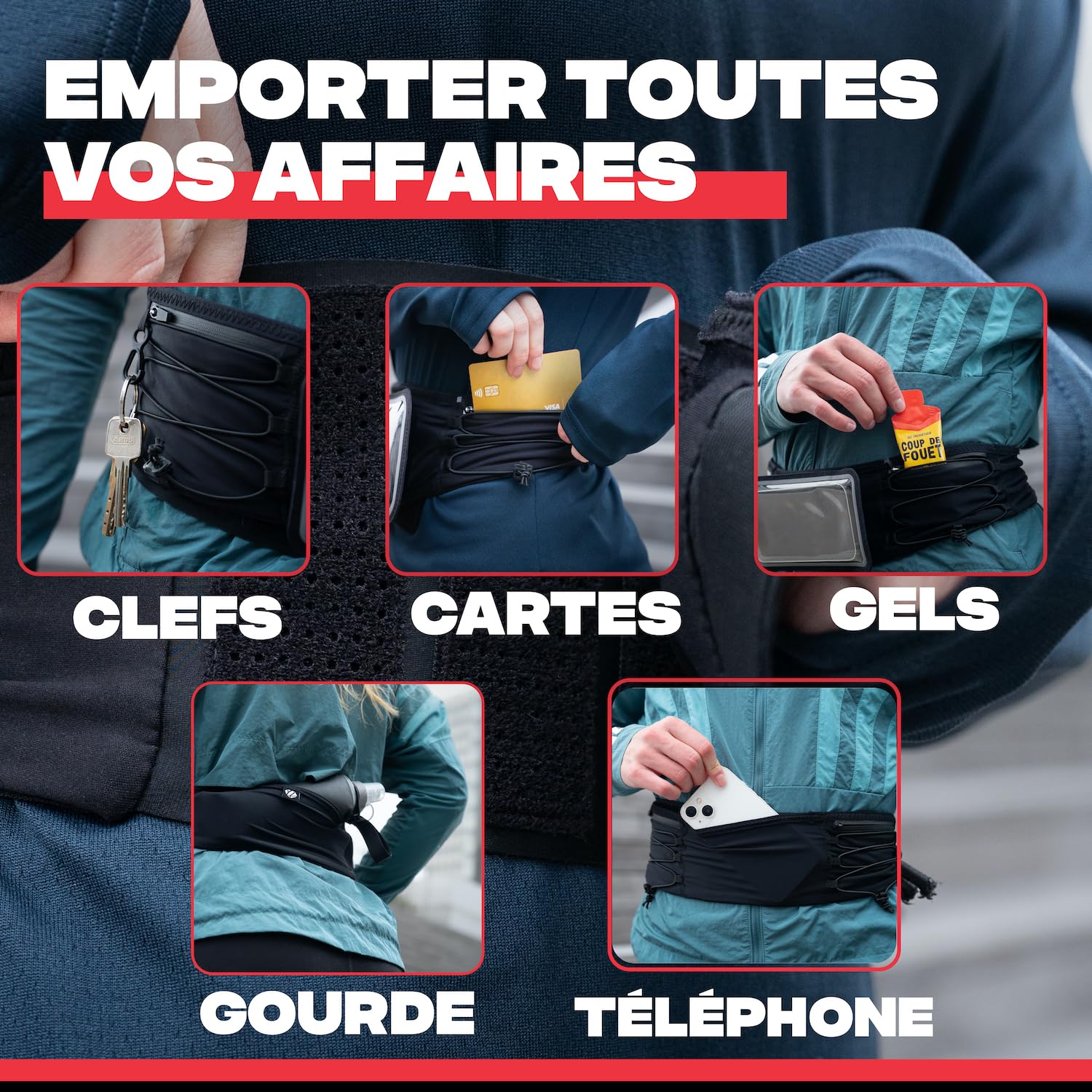 Shapeheart Ceinture de Sport Running avec Grande Poche Téléphone | Serrage anti-remontée | Rangement Intelligent | Ajustable Sur-Mesure | Unisexe | Tissu Stretch Respirant | Confortable
