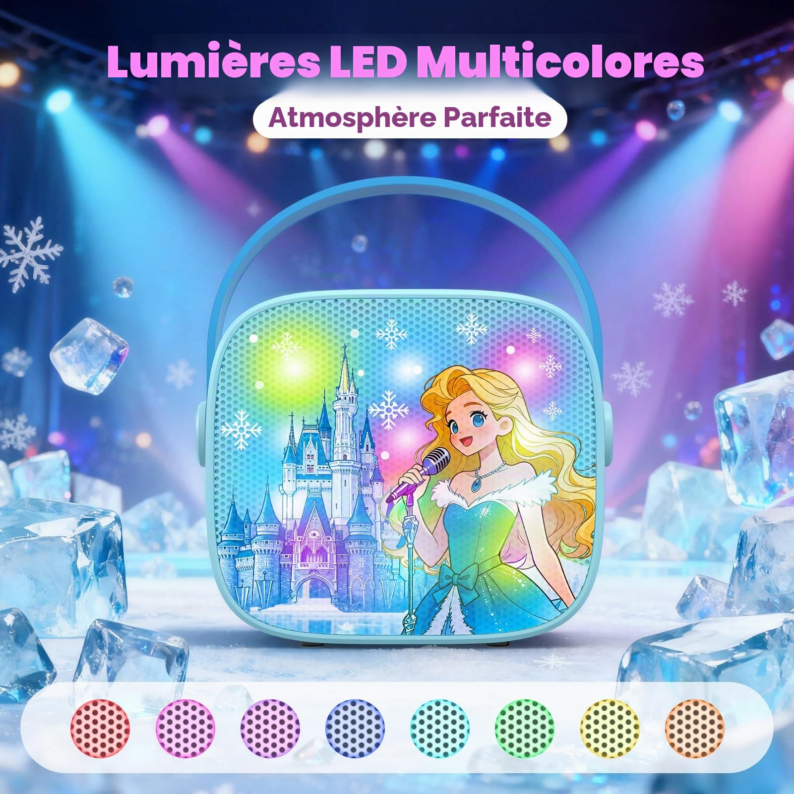Braxel Micro Karaoke Enfant, Kit Karaoké Bluetooth Thème La Reine des Neiges avec 2 Micros, Effets Vocaux et Lumières LED, Haut-Parleur Portable, pour Filles 3-12 Ans (Bleu)