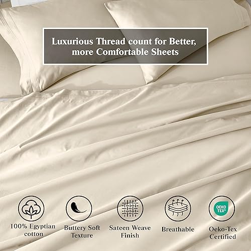 Miniatura 6 de SUPERIOR Juego de sábanas de algodón egipcio, 650 hilos, sólido, bolsillo profundo, tamaño Queen, marfil, juego de 4 piezas