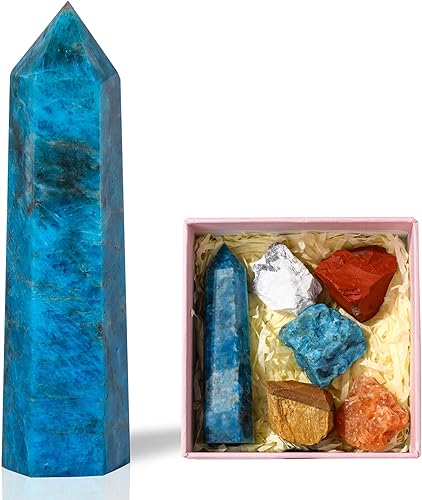 Miniatura 1 de Runyangshi Varita de cristal curativo de torre de apatita azul natural de 3 pulgadas con 5 piedras crudas de cristal en bruto para Reiki Chakra