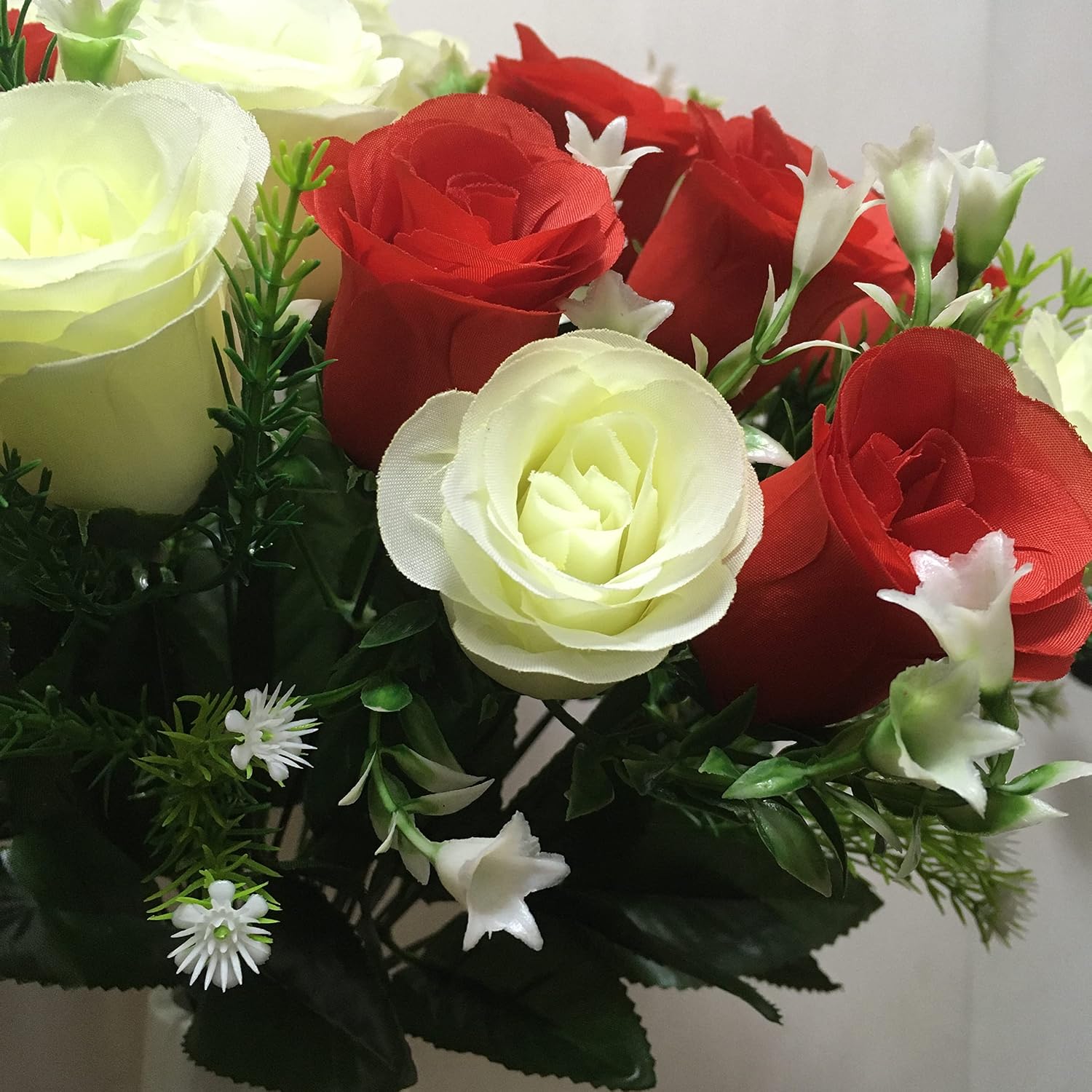 Silk Flowers Cemetery Flowers Roses Artificial Flowers for Graves & Memorials- Arrangements for Headstones- Lifelike, Florist-Arranged Bouquet (Red/White, 2)