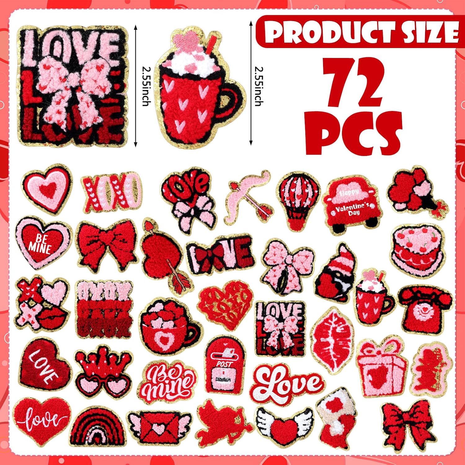 Suncalla 72 Pcs Valentine's Day Chenille Patches Glitter Pink Red Heart Bow Iron on Patches Galentines Appliques Sew on for Hat Backpack Clothes Shirt Jeans DIY Craft Party Favors