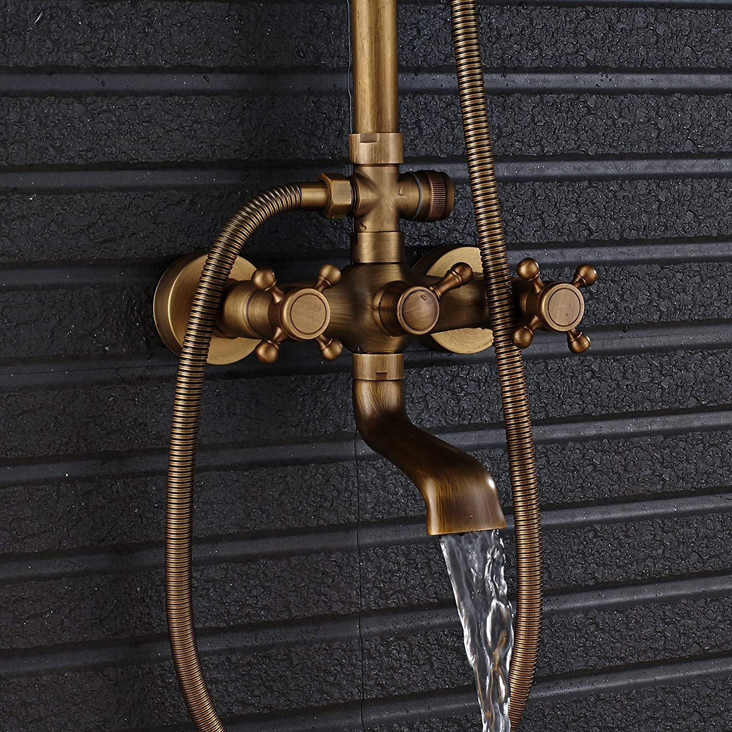 Sistema Doccia, Rubinetto per Vasca per Doccia a Pioggia da Bagno in Ottone Antico Montato a Parete Soffione Doccia Superiore da 8 Pollici + Spray Portatile, Set Doccia di Lusso