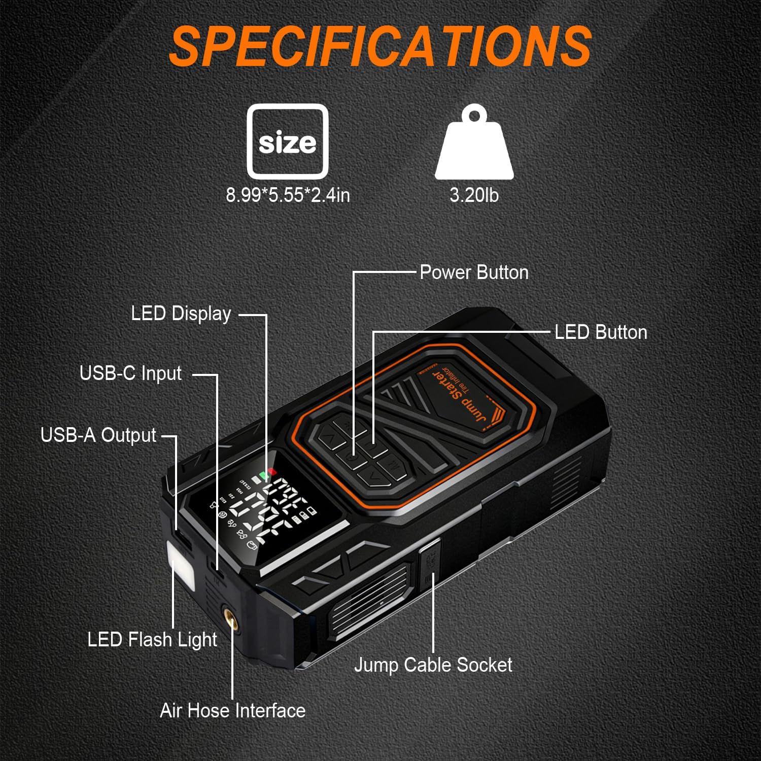 Jump Starter with Air Compressor, 6000A Car Battery Jumper Starter Portable(All Gas/10.0L Diesel), 150PSI Tire Inflator Air Pump, 12V Jump Pack, Car Emergency Kit, Car Gift for Man