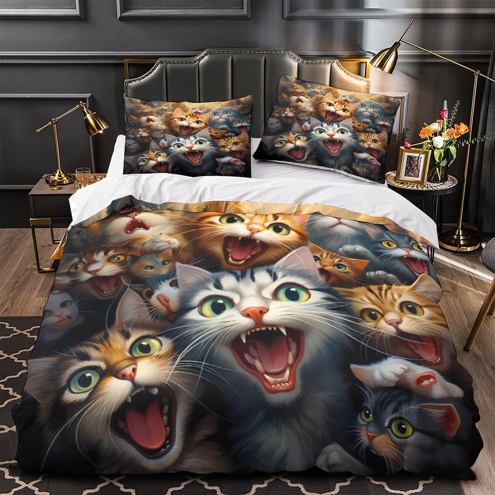 Housse de couette chat 3D microfibre hypoallergique ultra douce fermeture éclair